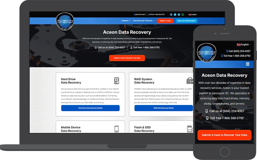WordPress web design and SEO for Aceon Data Recovery.